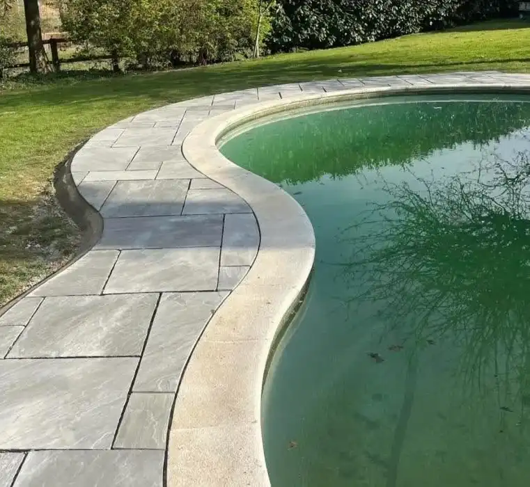 Curved edge of a swimming pool with clear green water reflecting a tree, surrounded by stone tiles and green grass.